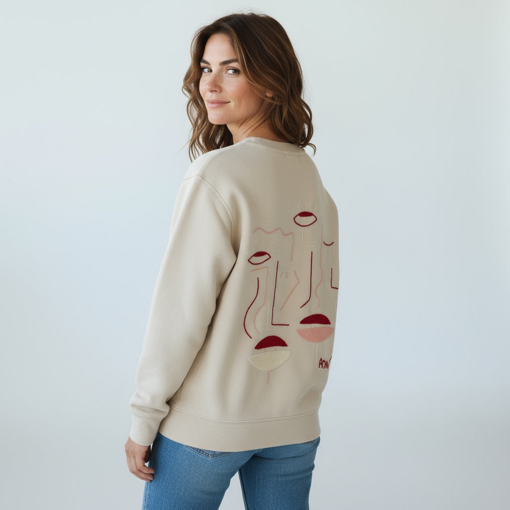 FEMME - Sweat beige brodé rose
