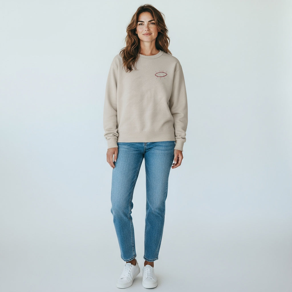 FEMME - Sweat beige brodé rose