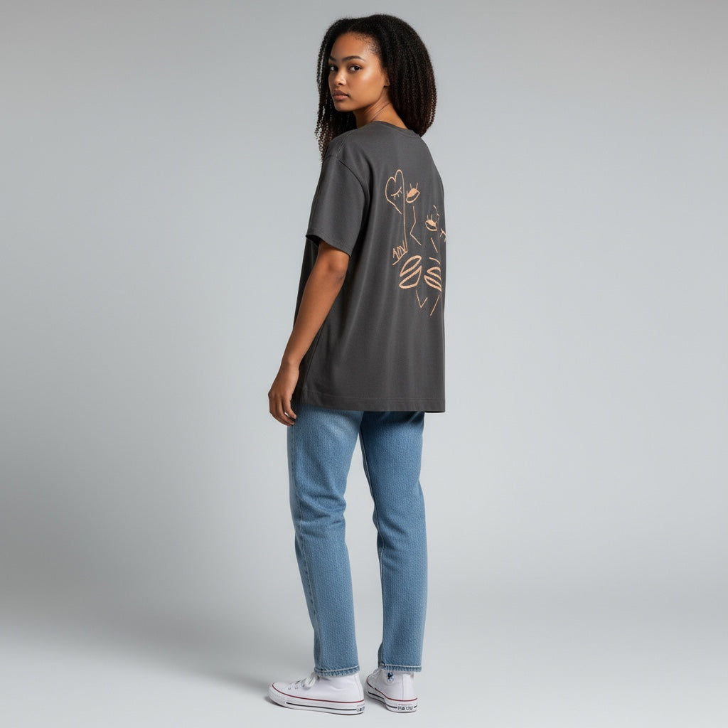 FEMME - T-shirt bleu gris brodé rose