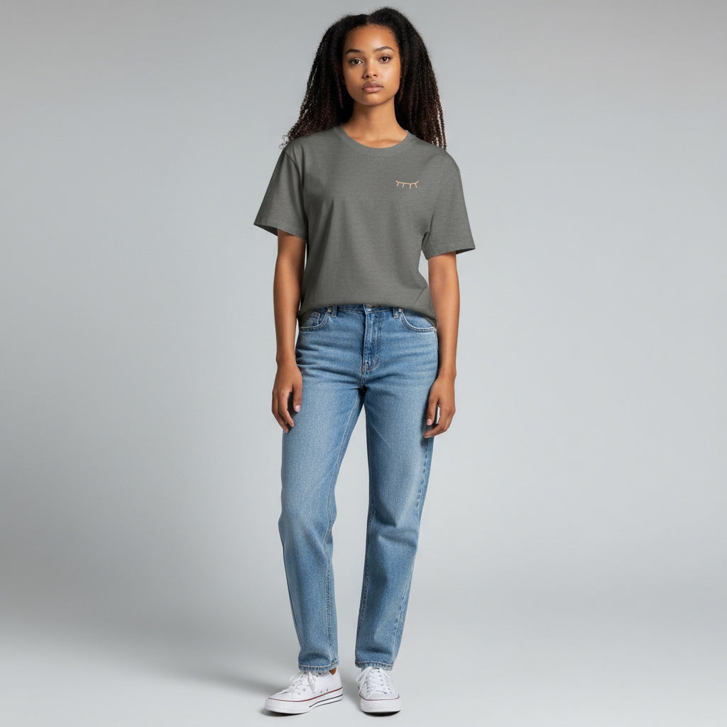FEMME - T-shirt bleu gris brodé rose