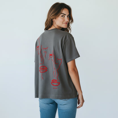 FEMME - T-shirt bleu gris brodé rouge