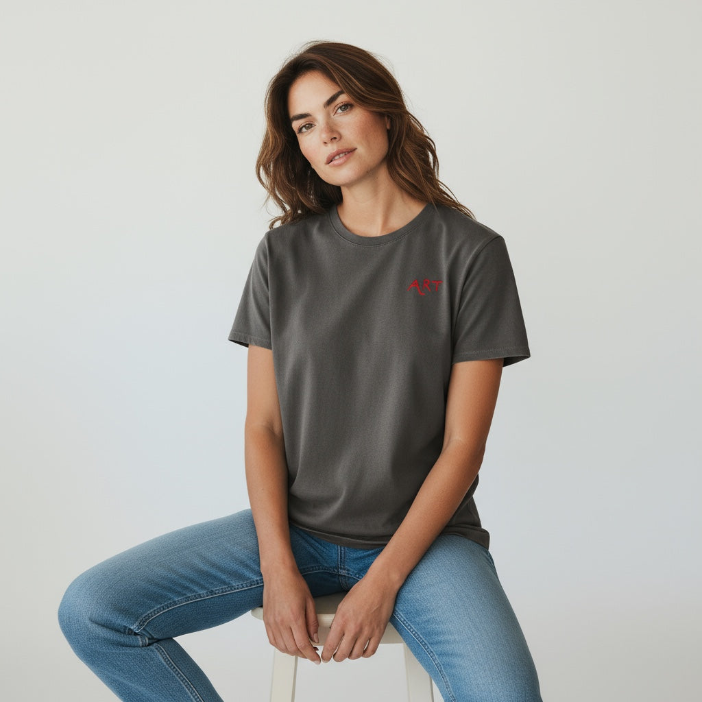 FEMME - T-shirt bleu gris brodé rouge