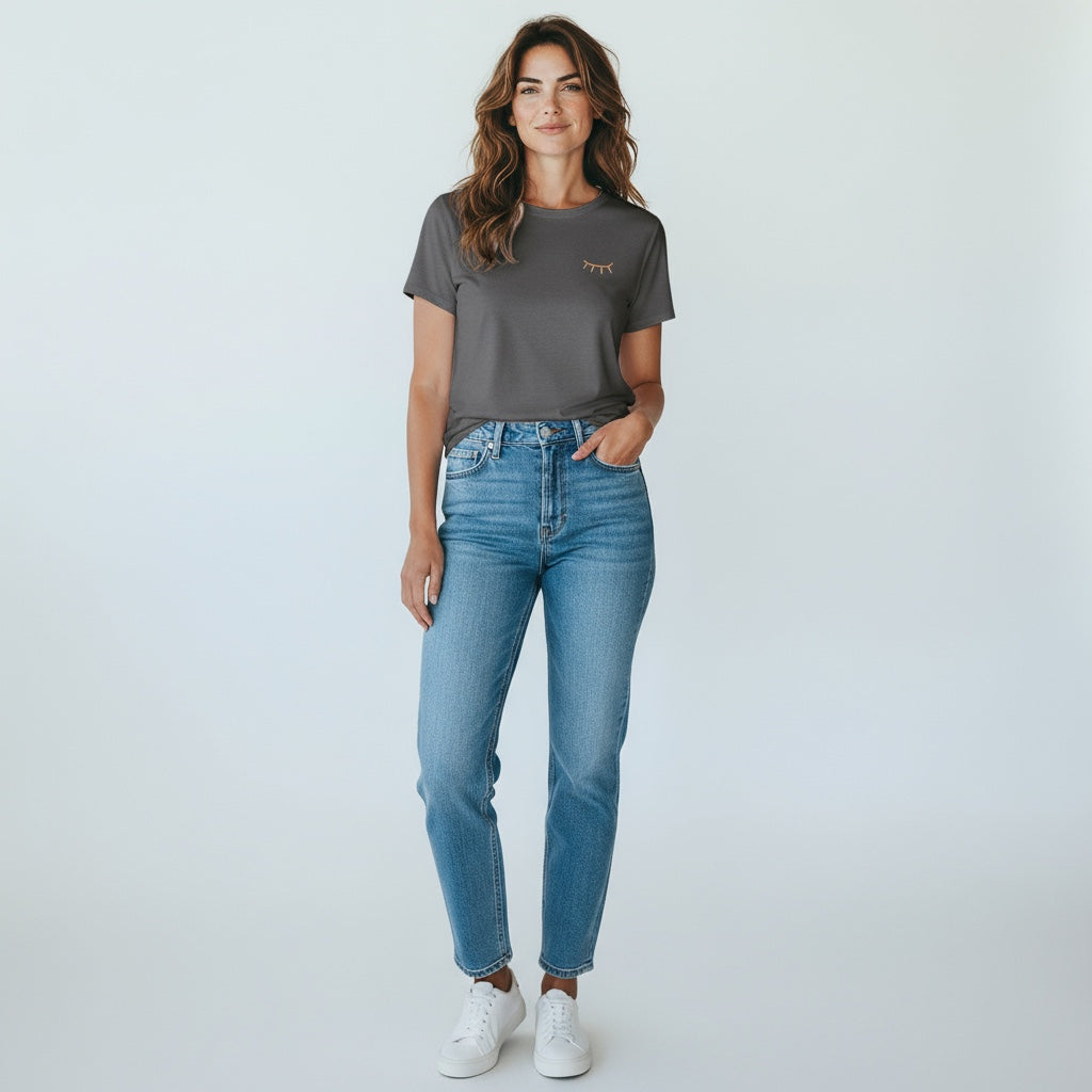 FEMME - T-shirt bleu gris brodé vert & rose & blanc