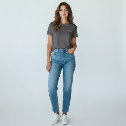 FEMME - T-shirt bleu gris brodé vert & rose & blanc
