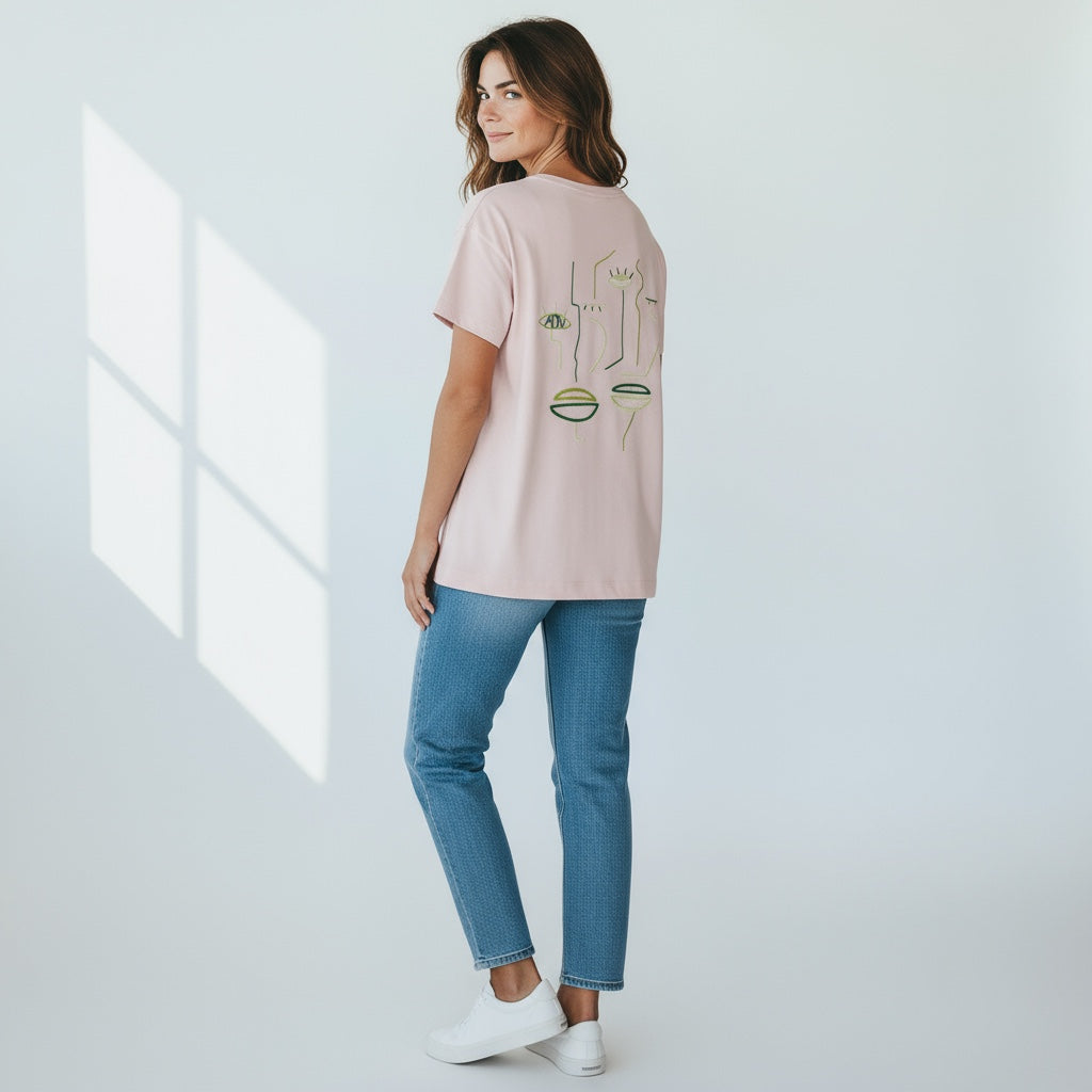 FEMME - T-shirt rose brodé vert