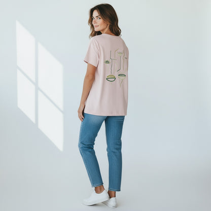 FEMME - T-shirt rose brodé vert