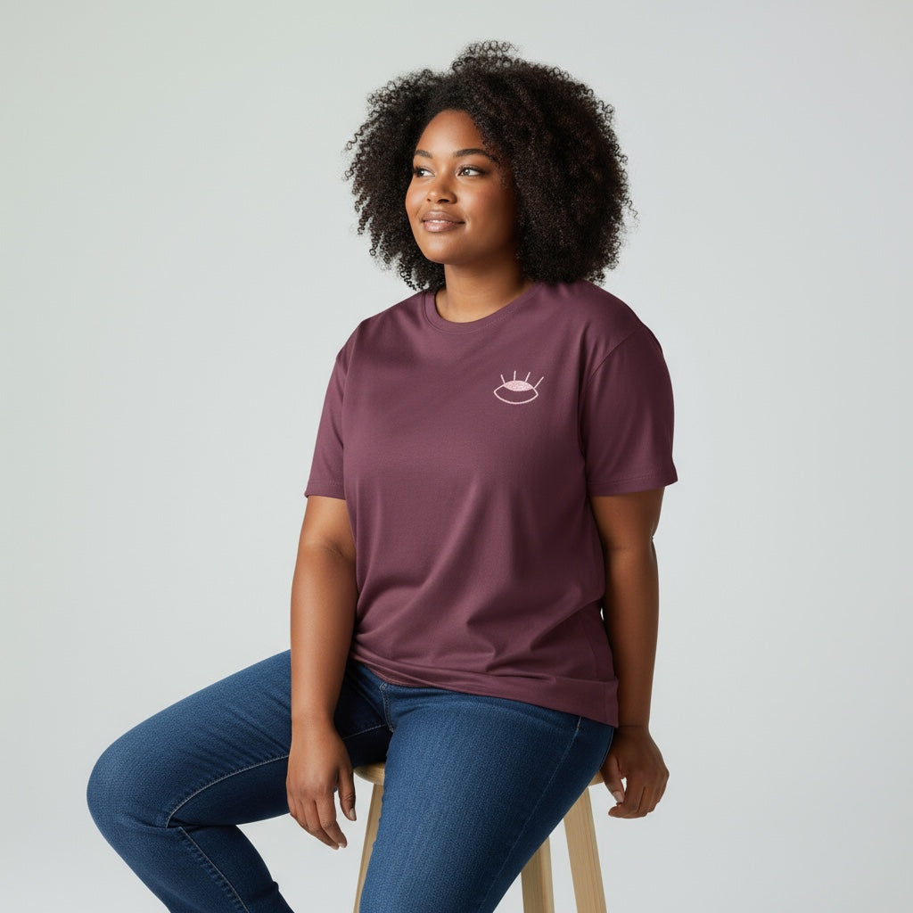 FEMME - T-shirt bordeaux brodé blanc & rose