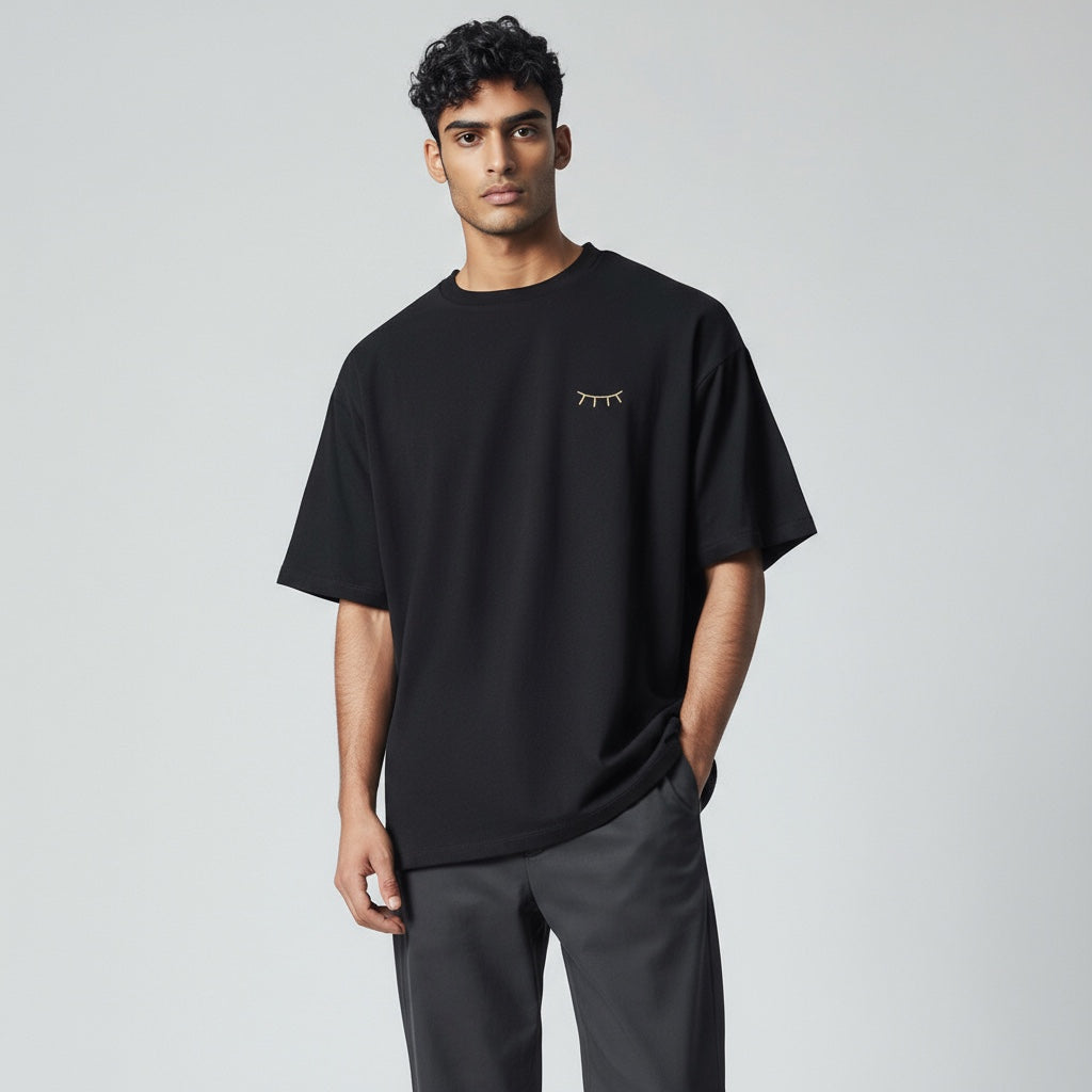HOMME - T-shirt noir brodé violet pâle & jaune