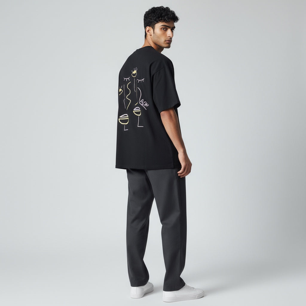HOMME - T-shirt noir brodé violet pâle & jaune