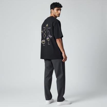 HOMME - T-shirt noir brodé violet pâle & jaune