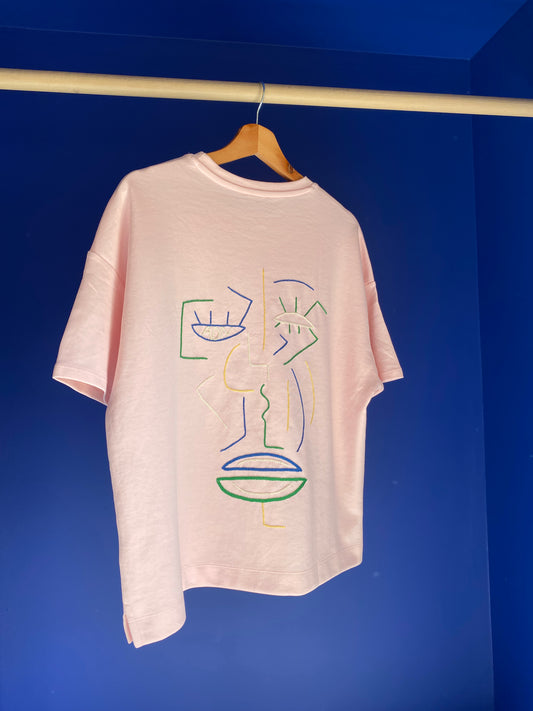 FEMME - t-shirt rose broderie vert/bleu/jaune/beige