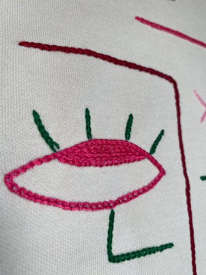 FEMME - t-shirt beige broderies vert/rose