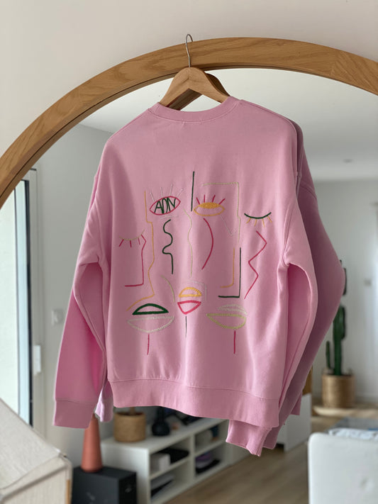 FEMME - Sweat rose brodé multicolore