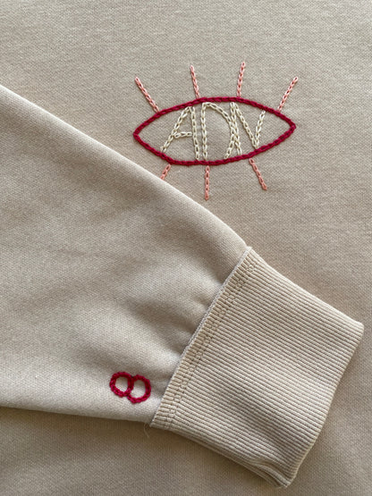 FEMME - Sweat beige brodé rose
