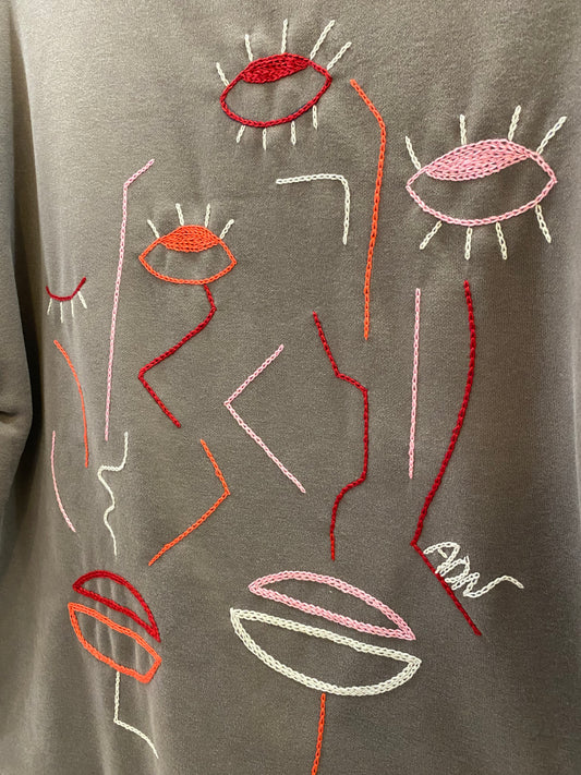 FEMME - Sweat marron brodé rose & rouge