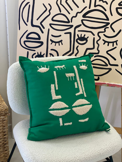 Coussin deco VERT détails beige