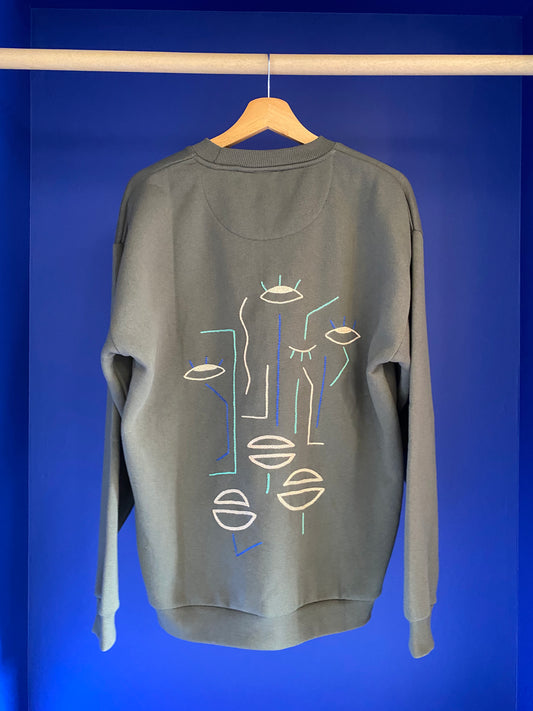 Sweat homme KAKI - broderies saumon/bleu/vert