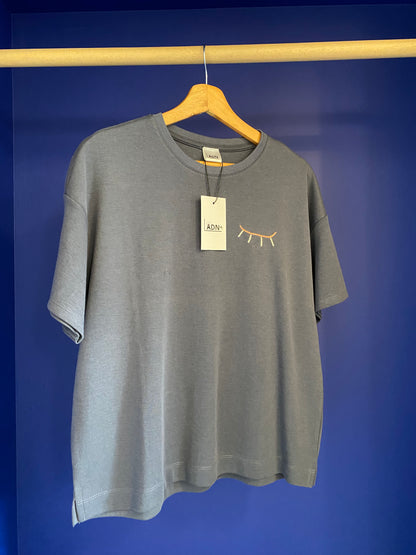 FEMME - T-shirt bleu gris brodé rose