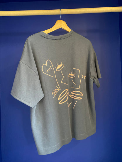 FEMME - T-shirt bleu gris brodé rose