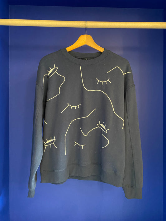 Sweat femme bleu marine broderie beige