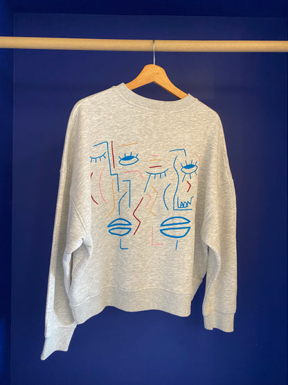 Sweat gris - broderie bleu/rouge/beige