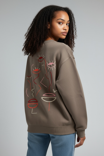 FEMME - Sweat marron brodé rose & rouge