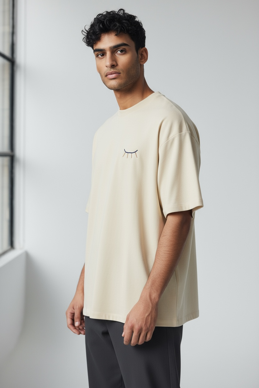 HOMME - T-shirt crème brodé bleu & café
