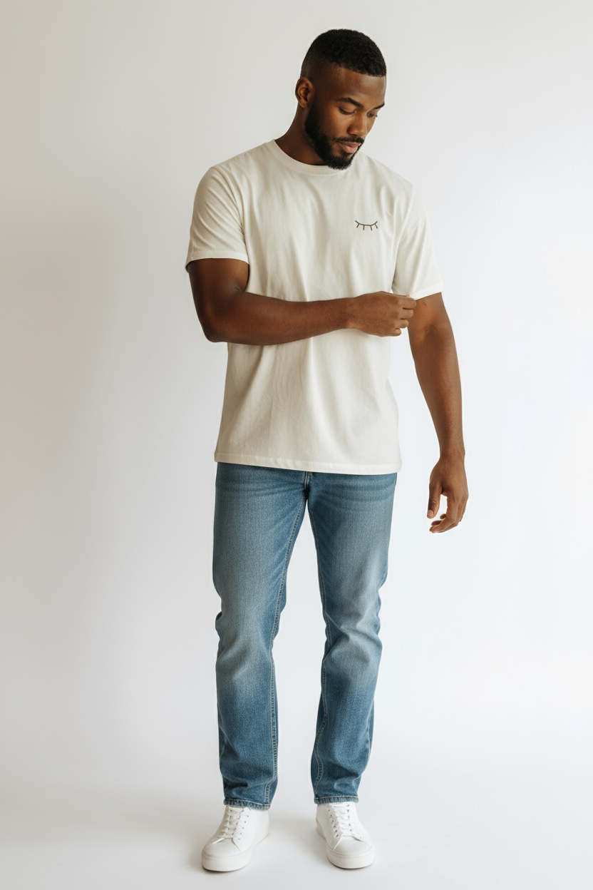 HOMME - T-shirt blanc brodé marron