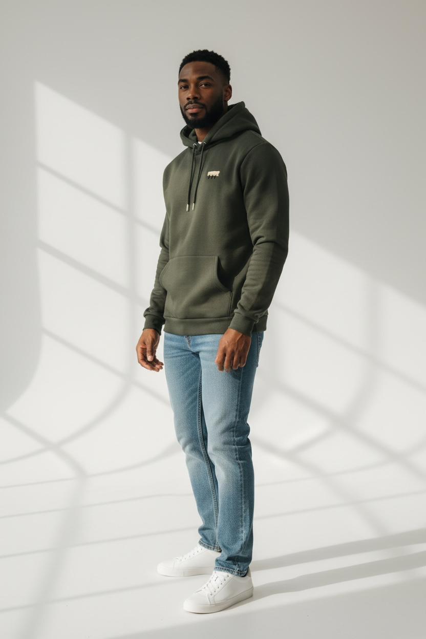 HOMME - sweat Kaki détails moumoute