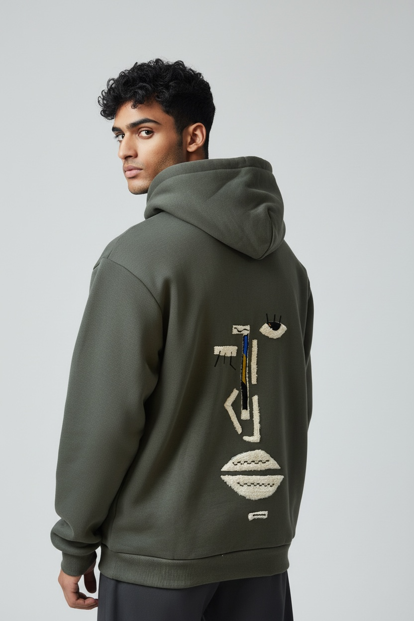 HOMME - sweat kaki détails moumoute