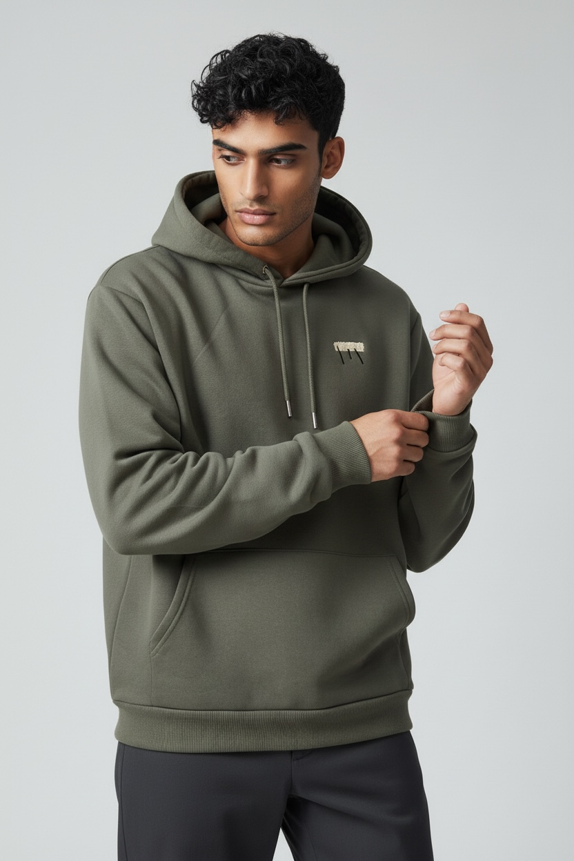 HOMME - sweat kaki détails moumoute