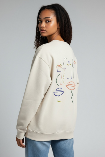 Sweat FEMME beige - broderies vert/rose/violet