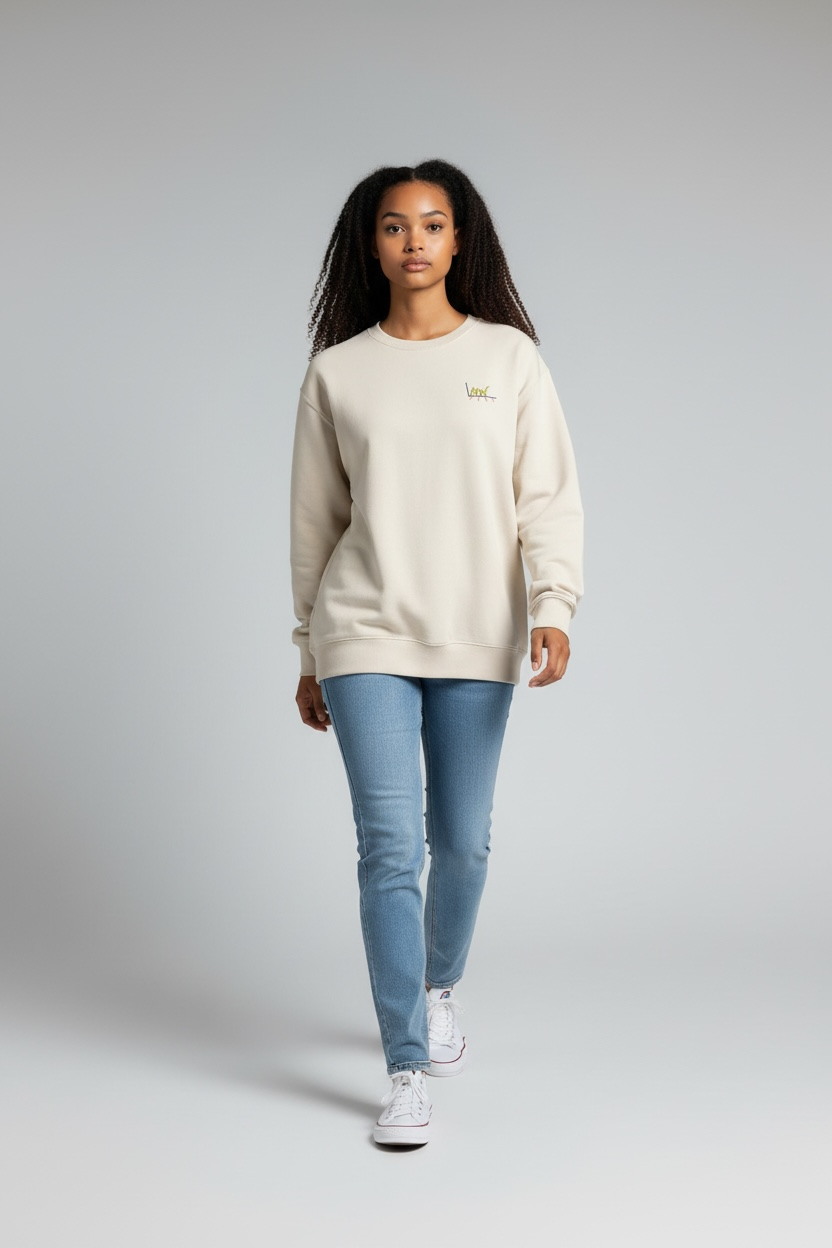 Sweat FEMME beige - broderies vert/rose/violet