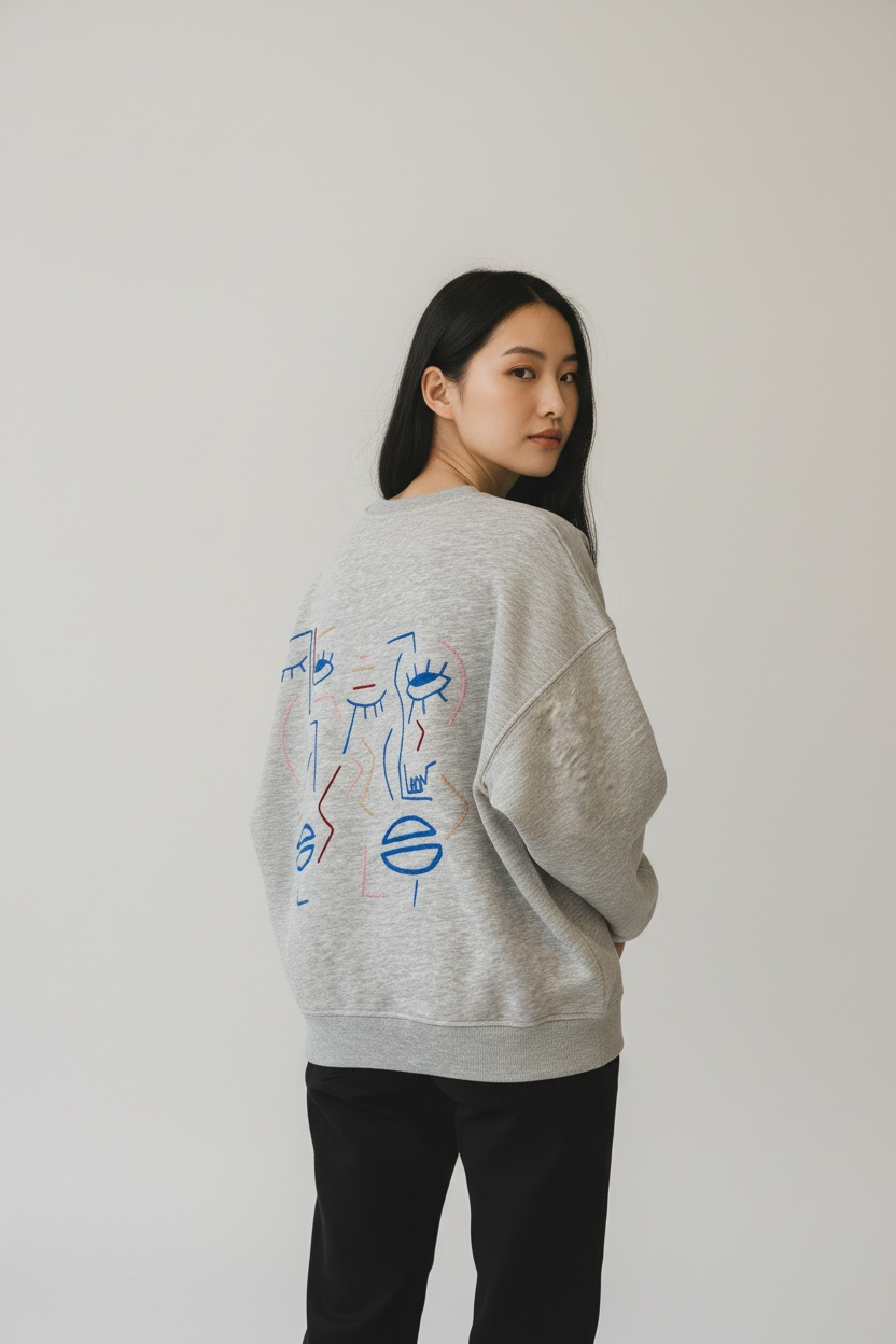 Sweat gris - broderie bleu/rouge/beige