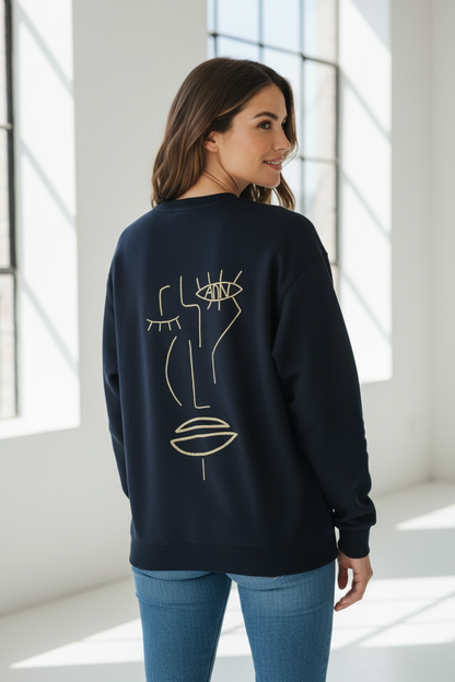 Sweat femme bleu marine broderie beige
