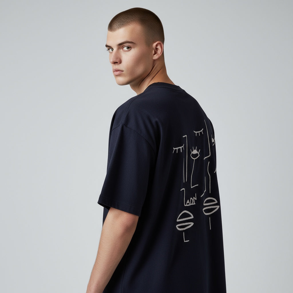 HOMME - T-shirt noir brodé beige