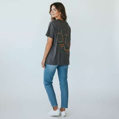 FEMME - T-shirt bleu gris brodé vert & rose & blanc